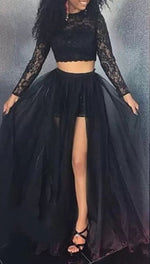 Black A-Line Cowl Neck Lace Tulle Long Sleeves Brush Train Two Pieces Prom Dresses LSW225837