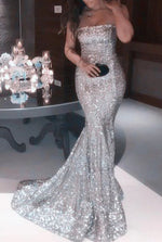 Mermaid Strapless Sequins Sleeveless Silver Sweep/Brush Train Prom Dresses LSW826093
