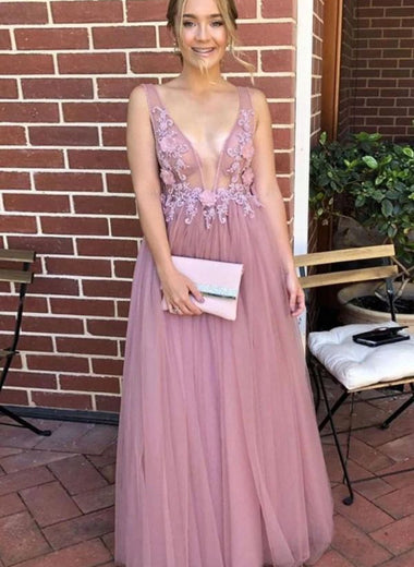 Dusty Rose A-Line/Princess Appliques V-neck Tulle Sleeveless Floor-Length Prom Dresses LSW926094