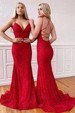 Red Lace V-neck Sheath/Column Sleeveless Sweep/Brush Train Prom Dresses LSW825583