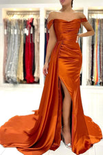 Orange Satin Ruched Off the Shoulder Column Sleeveless Sweep/Brush Train Prom Dresses LSW26095