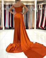 Orange Satin Ruched Off the Shoulder Column Sleeveless Sweep/Brush Train Prom Dresses LSW26095