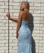 Blue Strapless Sheath/Column Tulle Appliques Sleeveless Sweep/Brush Train Prom Dresses LSW325328