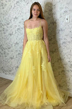 Tulle Appliques A-Line Spaghetti Straps Light Yellow Sleeveless Brush Train Prom Dresses LSW425329