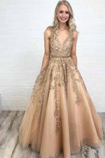 Appliques Tulle V-neck Ball Gown Pearl Pink Sleeveless Sweep/Brush Train Prom Dresses LSW625841