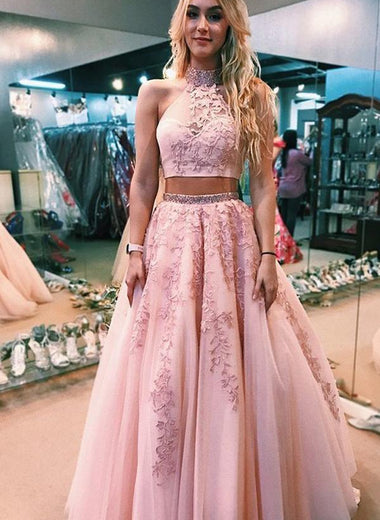 Pink A-Line Appliques Halter Tulle Sleeveless Brush Train Two Pieces Prom Dresses LSW226097
