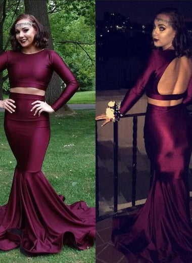 Cowl Neck Satin Burgundy Long Sleeves Mermaid Brush Train Two Pieces Prom Dresses LSW525330