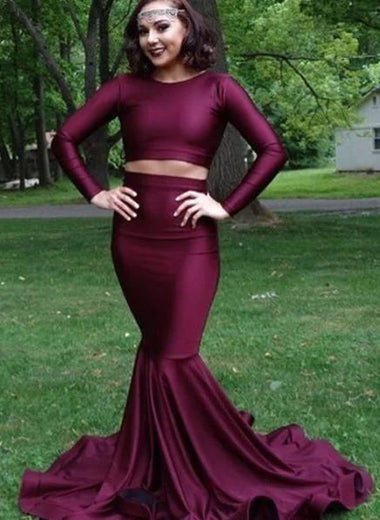 Cowl Neck Satin Burgundy Long Sleeves Mermaid Brush Train Two Pieces Prom Dresses LSW525330