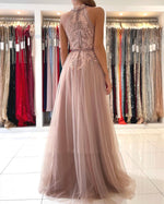 Pink A-Line/Princess Appliques Halter Tulle Sleeveless Sweep/Brush Train Prom Dresses LSW125586
