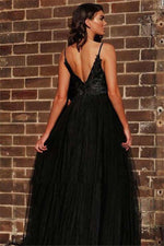 Black A-Line/Princess Appliques V-neck Tulle Sleeveless Sweep/Brush Train Prom Dresses LSW625331