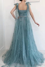 Blue A-Line Appliques V-neck Tulle Sleeveless Sweep/Brush Train Prom Dresses LSW225587
