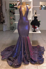 Purple Sheath/Column Sequins V-neck Sleeveless Sweep/Brush Train Prom Dresses LSW426099