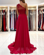 Red Chiffon A-Line/Princess Appliques One Shoulder Sleeveless Brush Train Prom Dresses LSW825333
