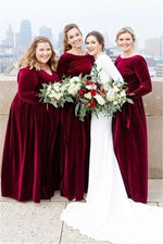 2023 Burgundy Scoop Neck Sheath/Column Velvet Long Sleeves Brush Train Bridesmaid Dresses LSWBD-27393