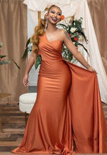 2023 Column Silk like Satin Orange Ruched V-neck Sleeveless Brush Train Bridesmaid Dresses LSWBD-27418