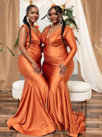 2023 Column Silk like Satin Orange Ruched V-neck Sleeveless Brush Train Bridesmaid Dresses LSWBD-27418