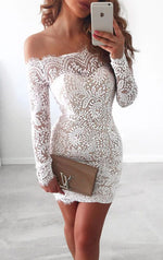 2023 Lace White Off the Shoulder Column Long Sleeves Short Homecoming/Graduation Party Dresses LSHCD27681