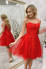 2023 A-line Red Tulle Appliques Spaghetti Straps Knee-Length Sleeveless Homecoming Dresses LSHCD27941
