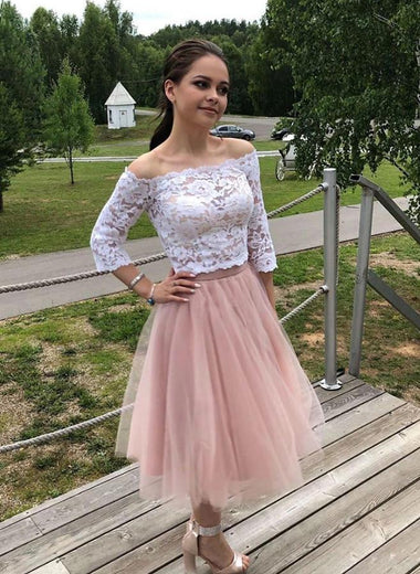 A-Line Dusty Rose Off the Shoulder Long Sleeves Tulle Tea-Length Lace 2023 Two Pieces Homecoming Dresses LSHCD27686