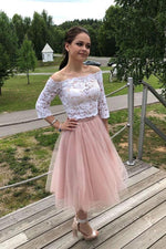 A-Line Dusty Rose Off the Shoulder Long Sleeves Tulle Tea-Length Lace 2023 Two Pieces Homecoming Dresses LSHCD27686