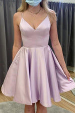 A-Line/Princess Silk like Satin V-neck Pink Sleeveless 2023 Knee-Length Homecoming Dresses LSHCD27943