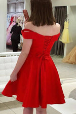 2023 Red Off the Shoulder A-Line/Princess Satin Knee-Length Sleeveless Homecoming Dresses LSHCD27950