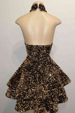 2023 Ball Gown Halter Champagne Sequins Short/Mini Layers Sleeveless Homecoming Dresses LSHCD27957