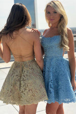 2023 Beading Ball Gown Blue Spaghetti Straps Lace Short Sleeveless Homecoming Dresses LSHCD27705