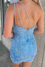 2023 Blue Sheath/Column Lace Sleeveless One Shoulder Short/Mini Homecoming Dresses LSHCD27961