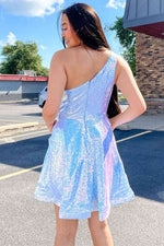 Blue One Shoulder A-Line/Princess Sequins Short/Mini Sleeveless 2023 Homecoming Dresses LSHCD27962