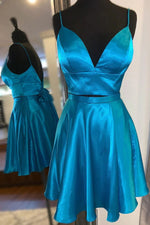 2023 Short/Mini Black Silk like Satin V-neck Sleeveless A-line Two Pieces Homecoming Dresses LSHCD27966