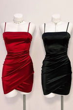 2023 Column Satin Black Ruched Spaghetti Straps Sleeveless Short/Mini Homecoming Dresses LSHCD27972
