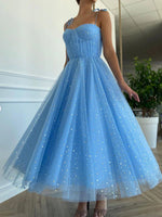 2023 Blue Spaghetti Straps Tulle Ball Gown Sleeveless Tea-Length Homecoming Dresses LSHCD27980