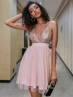 2023 Pink Tulle V-neck A-Line/Princess Sequins Sleeveless Short/Mini Homecoming Dresses LSHCD27727