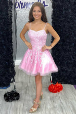 Ball Gown Spaghetti Straps Pink Organza Short/Mini Appliques Sleeveless 2023 Homecoming Dresses LSHCD27987