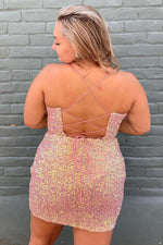 2023 Plus Sizes V-neck Short/Mini Sleeveless Pink Sequins Column/Sheath Homecoming Dresses LSHCD27988