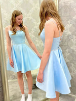 2023 A-Line/Princess Silk like Satin Blue Spaghetti Straps Sleeveless Tea-Length Homecoming Dresses LSHCD27990