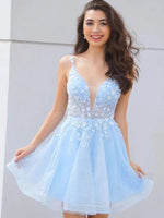 2023 A-Line/Princess Appliques V-neck Tulle Short/Mini Blue Sleeveless Homecoming Dresses LSHCD27736