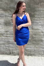 2023 Satin Royal Blue V-neck Column Short/Mini Sleeveless Homecoming/Graduation Party Dresses LSHCD27743