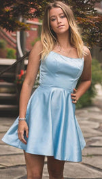 2023 A-Line/Princess Spaghetti Straps Blue Satin Short/Mini Sleeveless Homecoming Dresses LSHCD27749