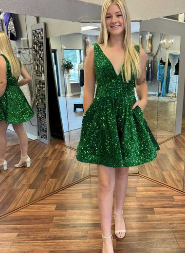 A-Line/Princess V-neck Sequins Short/Mini Green Sleeveless 2023 Homecoming Dresses LSHCD28009