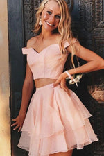 2023 A-Line Sleeveless Pink Off the Shoulder Tulle Short Layers Two Pieces Homecoming Dresses LSHCD27755