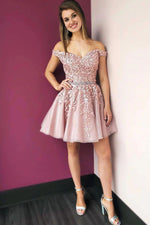 2023 Dusty Rose A-Line Appliques Off the Shoulder Tulle Short Sleeveless Homecoming Dresses LSHCD28012