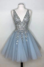 2023 A-Line/Princess Tulle V-neck Light Sky Blue Sleeveless Sequins Short/Mini Homecoming Dresses LSHCD27761