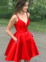 A-Line/Princess Red V-neck Silk like Satin Sleeveless Short/Mini 2023 Homecoming Dresses LSHCD28022