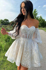 2023 Ball Gown Off the Shoulder Lace Ivory Long Sleeves Short/Mini Homecoming Dresses LSHCD28024