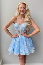 2023 Ball Gown Blue Lace Long Sleeves Sweetheart Short/Mini Homecoming Dresses LSHCD27769