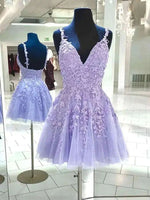 2023 A-Line V-neck Lavender Short/Mini Sleeveless Tulle Appliques Homecoming Dresses LSHCD28027