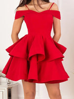 2023 Off the Shoulder Red A-line Satin Layers Sleeveless Short/Mini Homecoming Dresses LSHCD27788