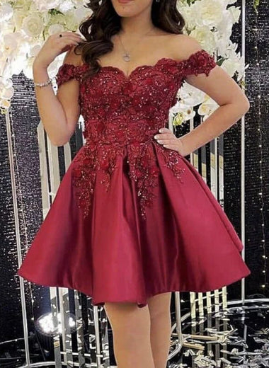 2023 Red Off the Shoulder Ball Gown Appliques Satin Sleeveless 2023 Homecoming Dresses LSHCD28045